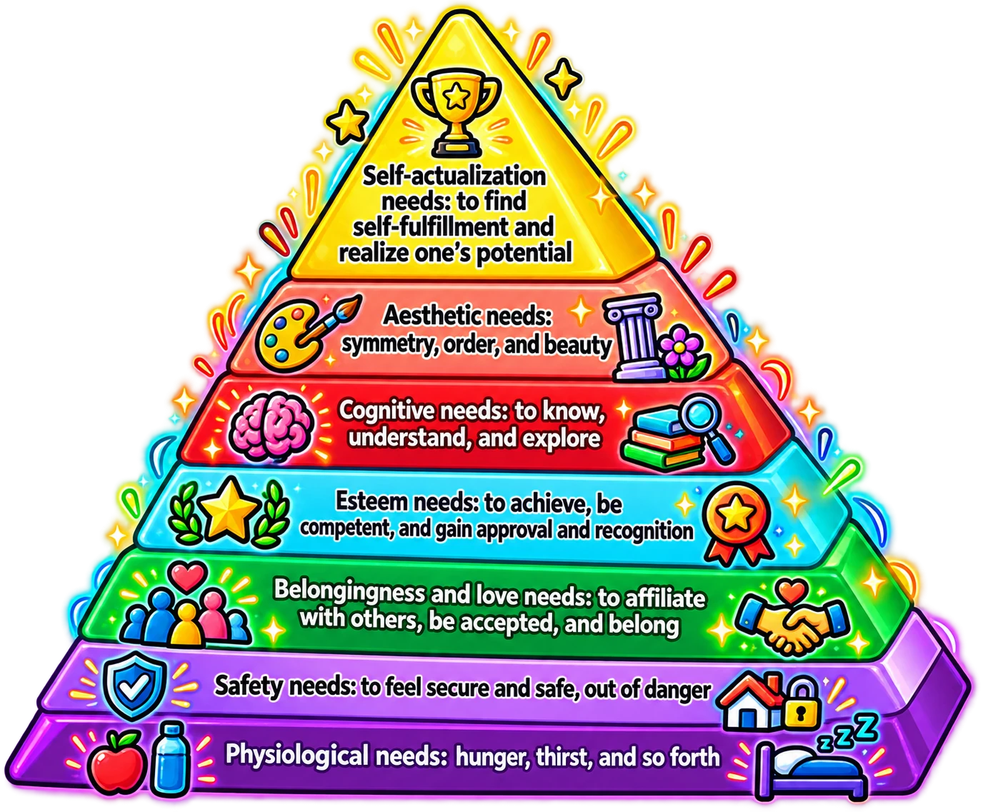 A colorful pyramid of seven needs, from physiological needs at the base up to self-actualization at the top.
